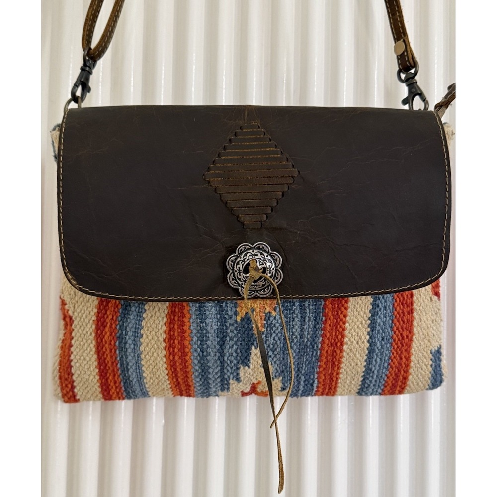 Myra Aztec Canvas & Leather Bag With Cross Body Strap & Concho Snap